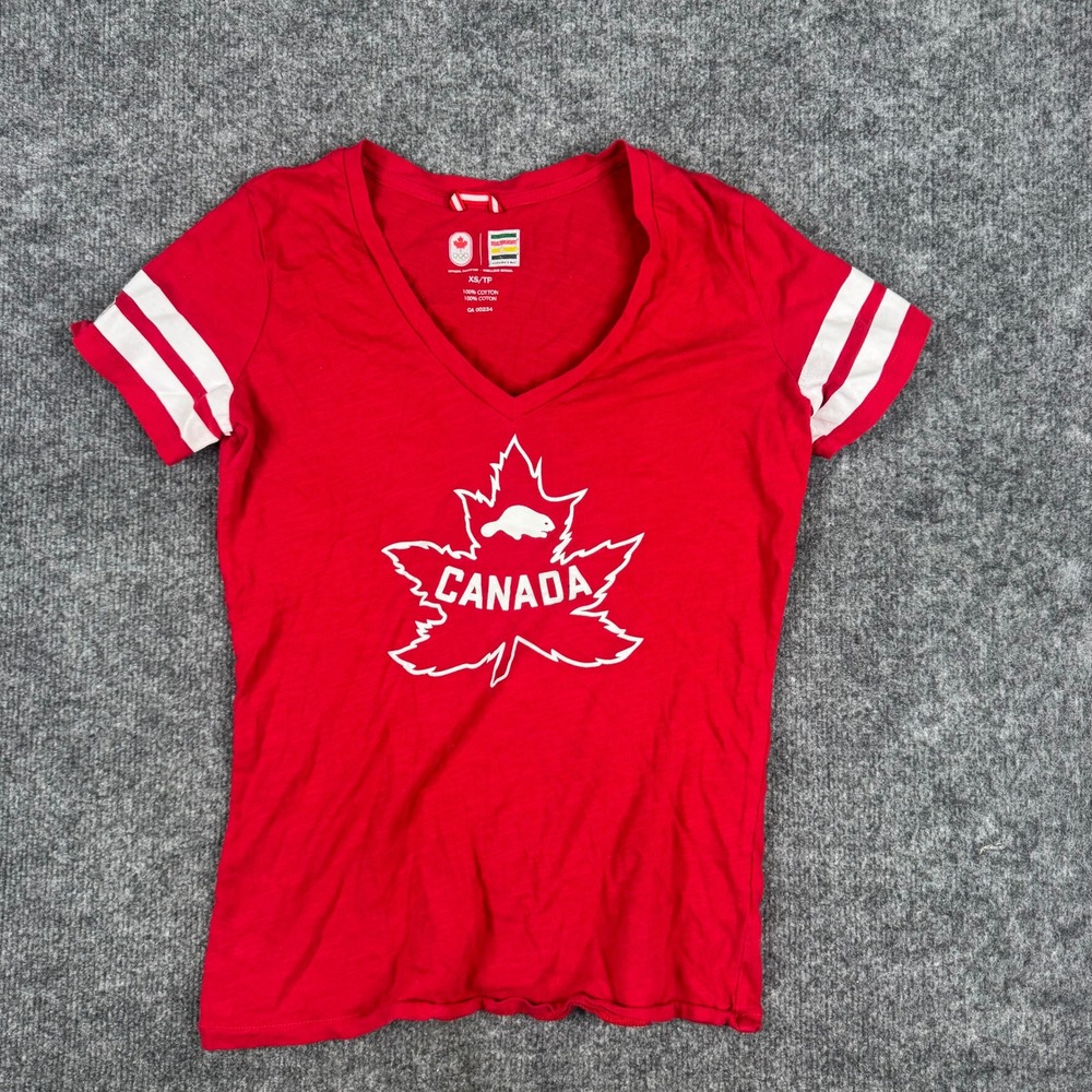 Hudson's Bay T-Shirt‎ Womens Size XS Canada Olympic Team V-Neck Cotton Striped